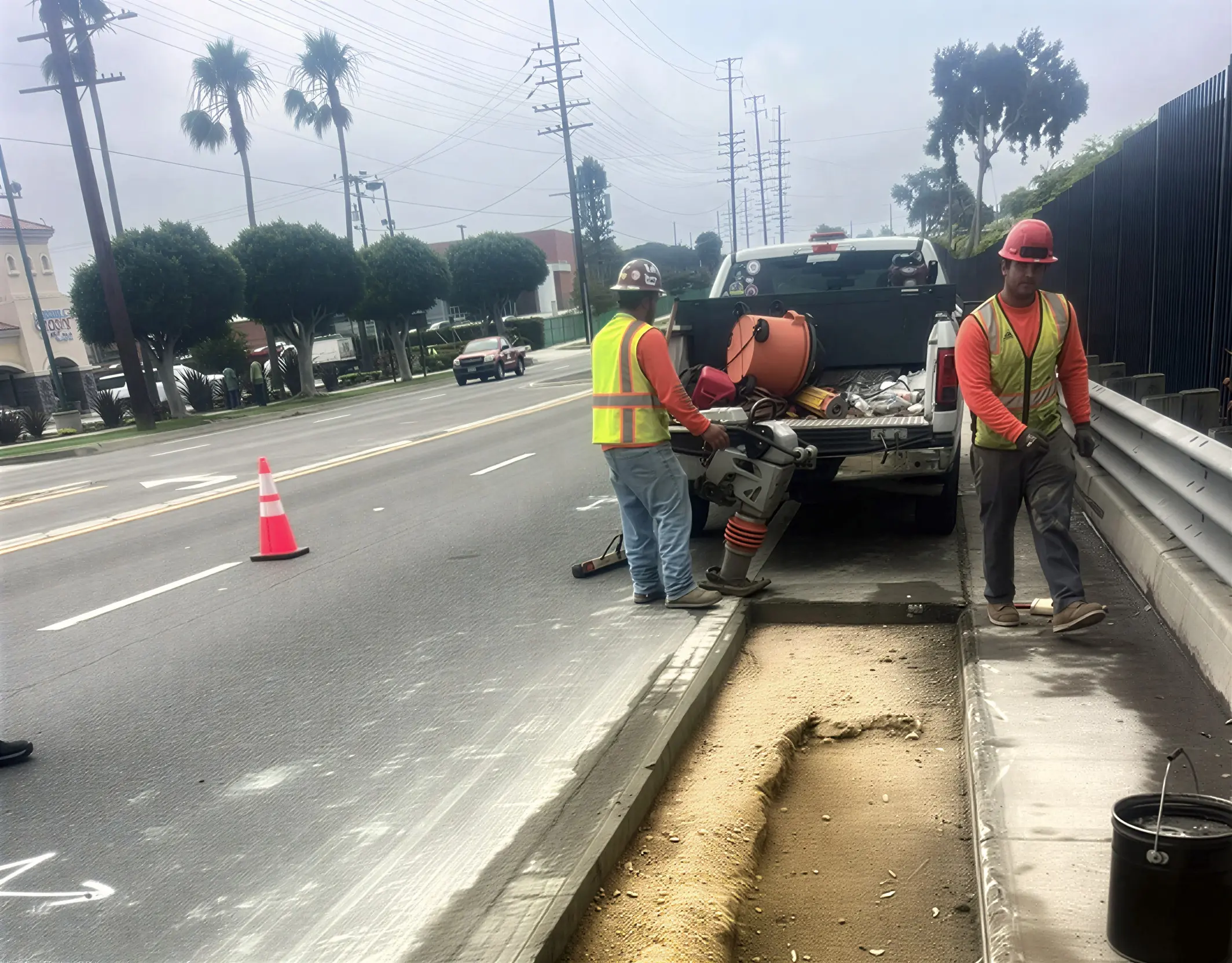 Construction workers fixing roadside pavement