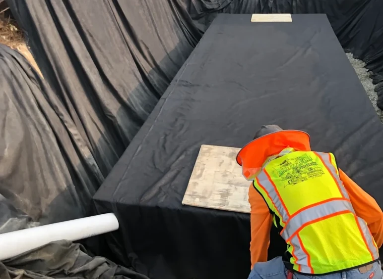Man checking tarp-covered ground